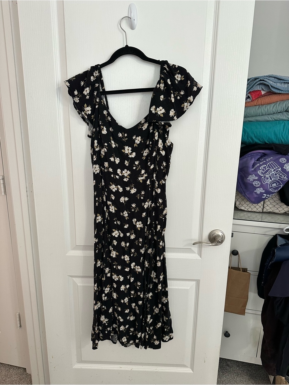 Old Navy Black Midi Dress with White Floral Print